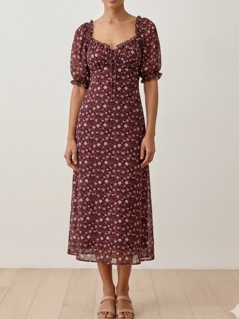Floral Puff-Sleeve Maxi Dress in Burgundy